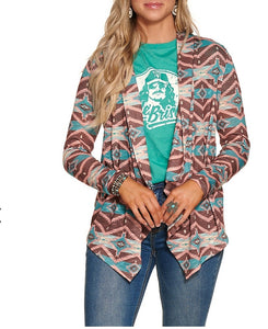 Women's Peach, Teal and Brown Aztec Long Sleeve Cardigan