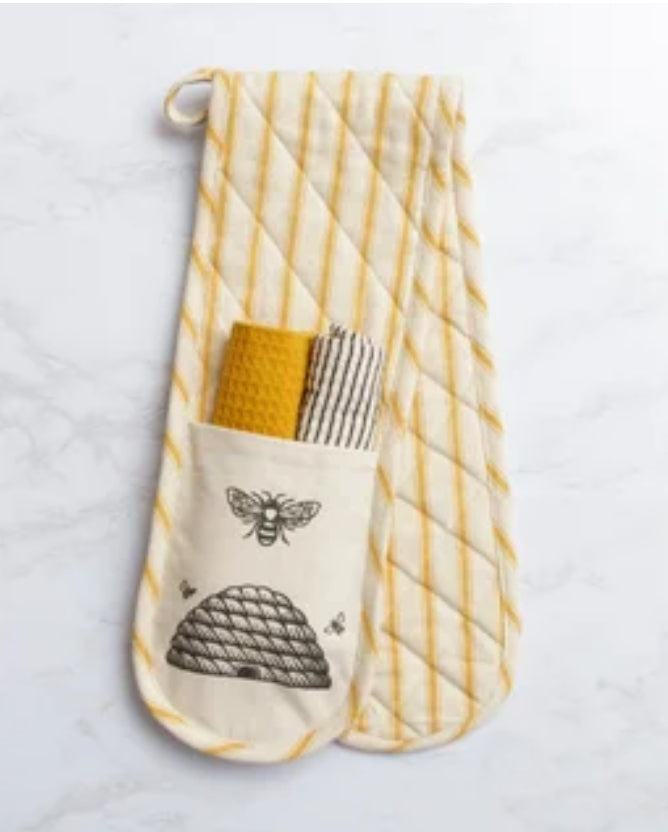 Double Oven Mitt Gift Set With Dish Cloths - Bee
